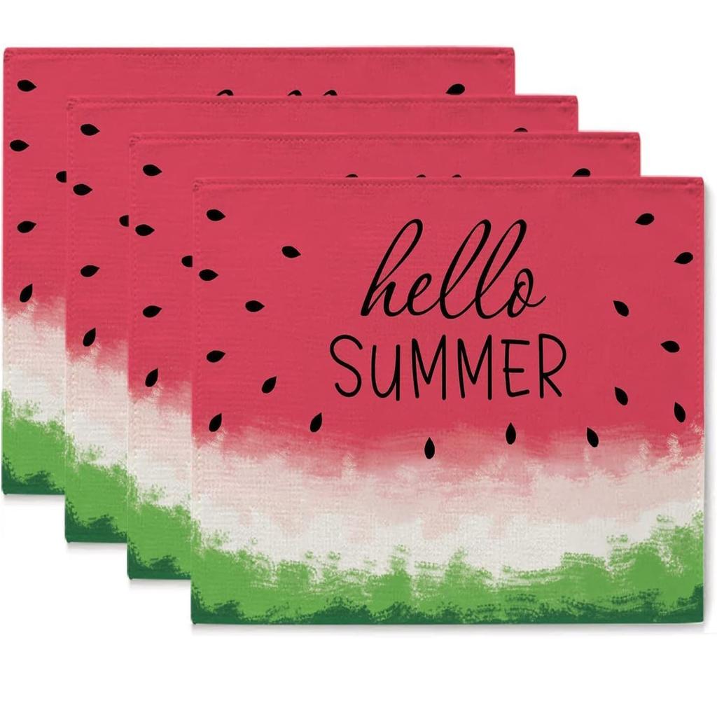 4pc Rustic Farmhouse Linen Placemats Vibrant Hello Summer Watermelon Fruit Pattern Table Mats Heat Resistant Kitchen Mats