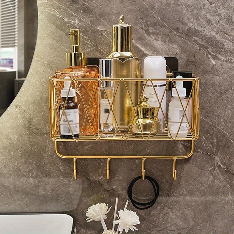1pc Golden Luxury Bathroom Shelf Without punching,Shower Skin Care Products Wall Organizer Storage Rack with Hook,Kitchen Wall Mounted Storage Rack.