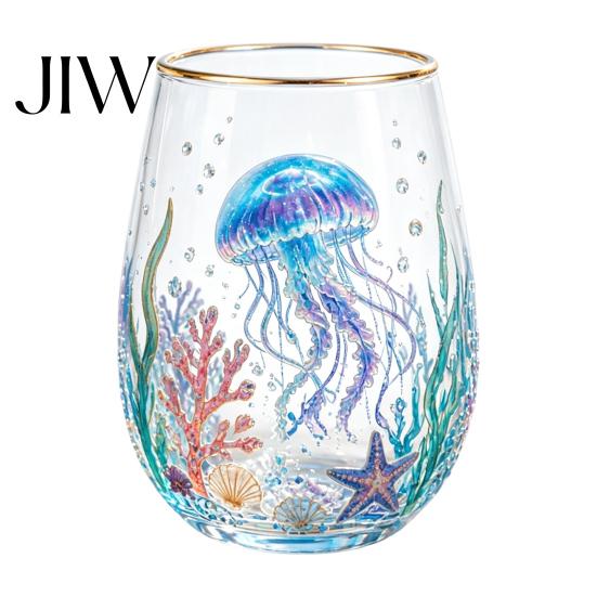 Unique Aesthetic Water Juice Whiskey Tumbler Ocean-Themed Glass Cup, Jellyfish/Dolphins/Sea Turtles/Octopus Hand-Painted, Thickened Drinking Versatile