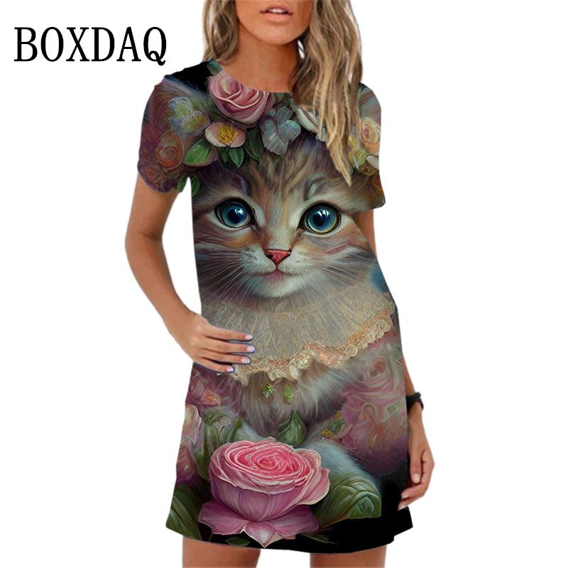 Sweet Cartoon Cat Print Women Dresses Funny Cute Floral Short Sleeve O-Neck Loose Mini Dress 2023 Summer Beach Party Dress Girls