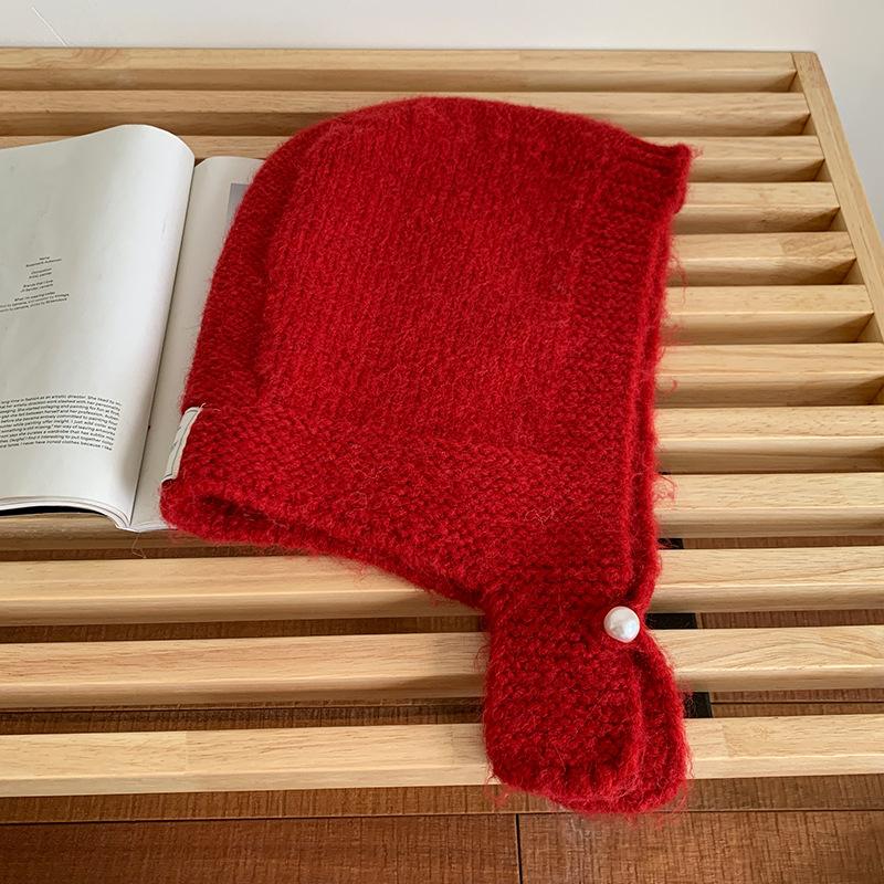 Новогодний красный шарф-шапка Цельный женский зимний в корейском стиле Теплая вязаная шерстяная шапка Защищающая уши балаклава