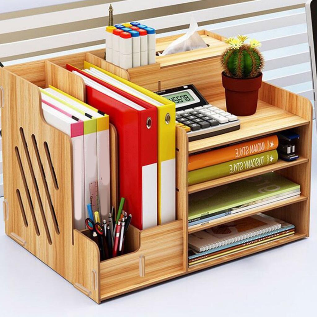 Desktop Organizer Multipurpose Modern Simple Style Wood Desktop Storage Shelf for Home School Office Cherry Wood