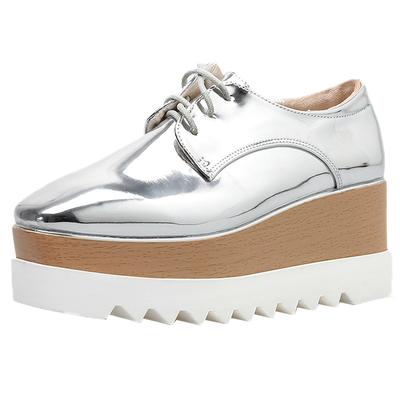 2025 Осень Лакированная кожа Платформа Туфли-маффины Женские На шнуровке Клиновидный каблук Одинарные туфли Обувь, увеличивающая рост Британский HZB