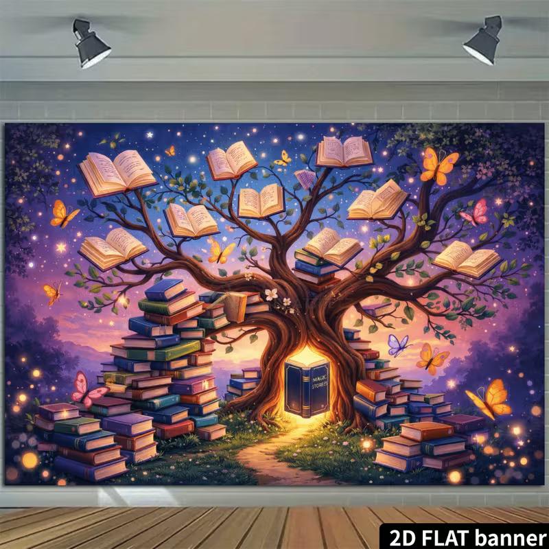 2D Зачарованное Дерево-Книга Фон Фиолетовое Небо Волшебная Книга Историй Фон