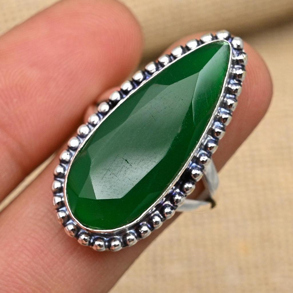 Ювелирное кольцо ручной работы с граненым зеленым ониксом из стерлингового серебра 925 пробы