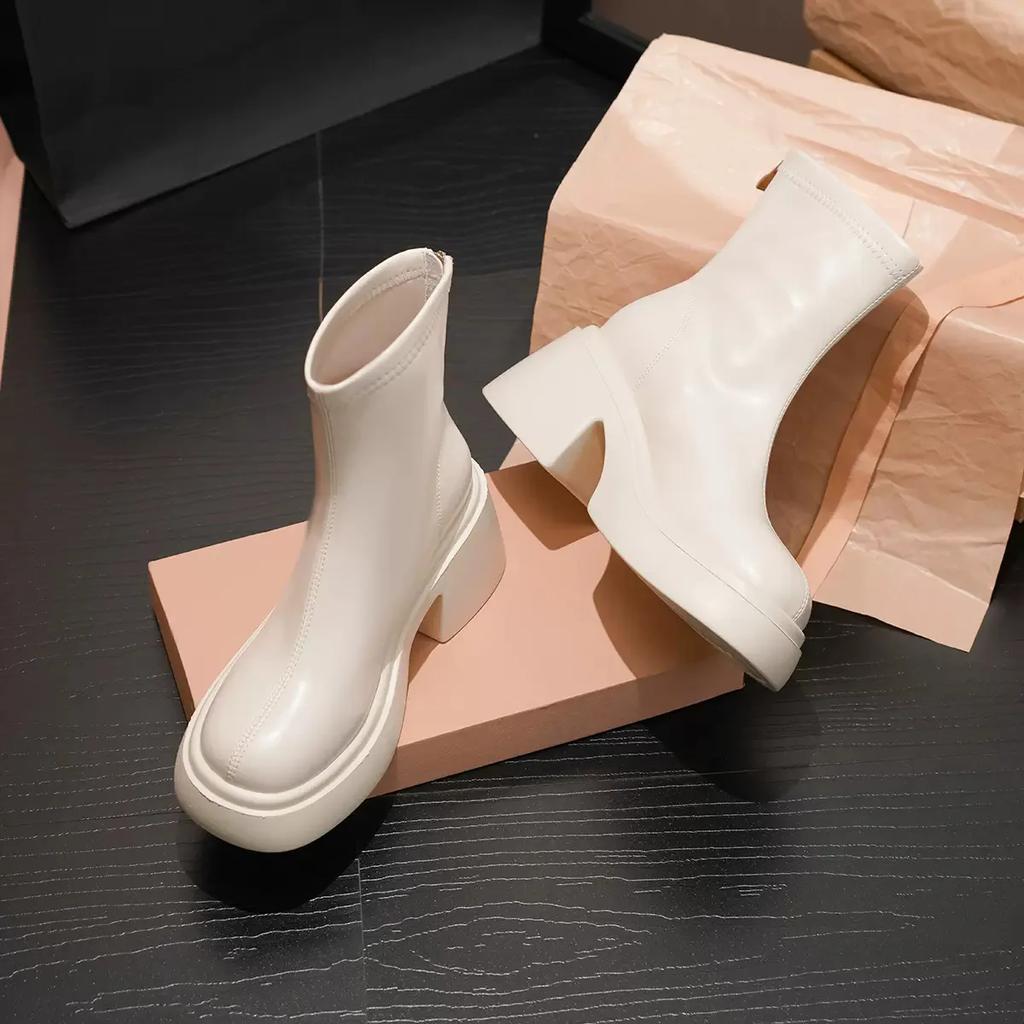 Мода Comemore Весна Осень Новые Белые Короткие Ботинки Толстая Подошва Круглый Носок Модные Ботильоны Обувь для Женщин Массивный Высокий Каблук Ботильоны