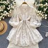Women's Elegant V-neck Lantern Sleeve Waist Cinched A-line Skirt Design Embroidered Single Breasted Dress