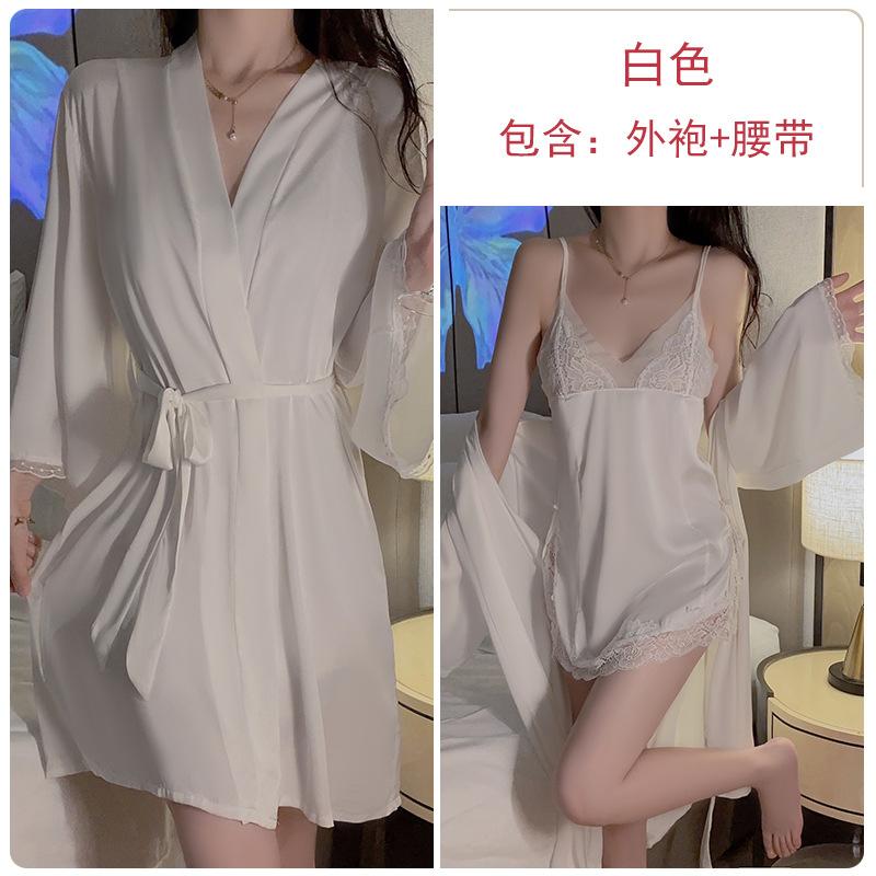 Women's Silky Sheer Backless Cami Sleep Dress with Tie Robe Lounge Set