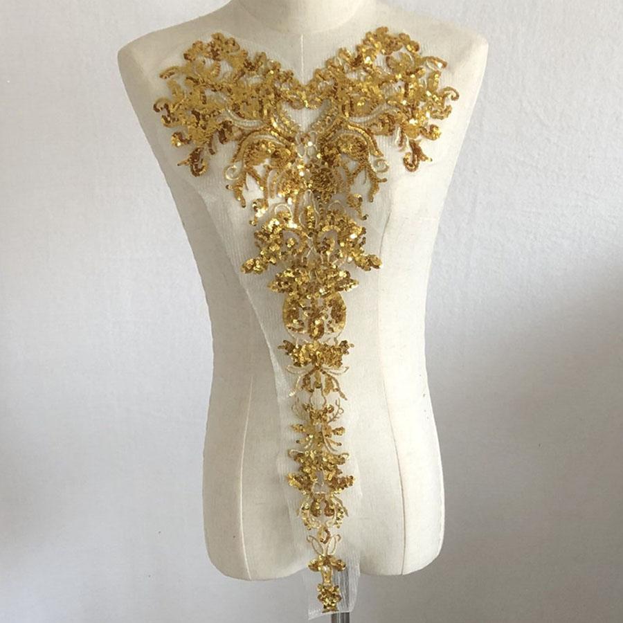 1 комплект золотых аппликаций с пайетками, красная синяя вышитая кружевная ткань, свадебные нашивки для украшения платья своими руками