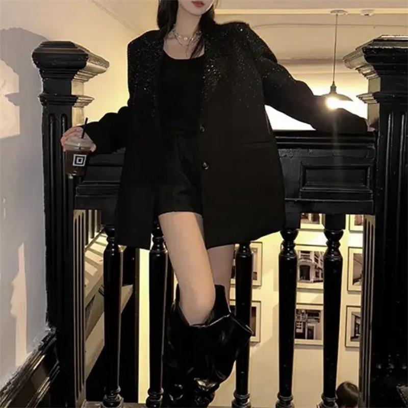 Женский костюм на весну и осень, воротник, стразы, блестящие пуговицы, длинный рукав, свободный тонкий топ