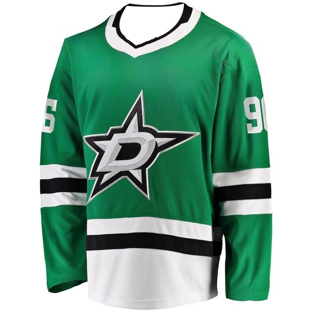Хоккейная футболка Dallas Stars Зеленая с Белыми и Черными Акцентами "Rantanen 96" Звезда Логотип "D" Дышащая Спортивная Футболка с Длинным Рукавом V-образный Вырез
