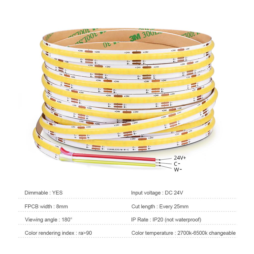 CCT COB Светодиодные ленты Высокая плотность 608 светодиодов/м 2700–6500 К Сменный DC 12 В 24 В с регулируемой яркостью FOB Светодиодная ленточная лампа Линейное освещение