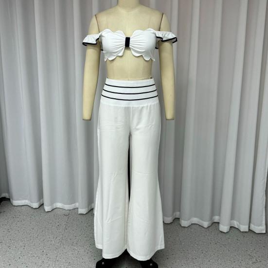 2 Pcs/Set Women Crop Top Pants Suit Low-cut Bandeau Sleeveless Ruffle Backless High Waist Wide Leg Striped Solid Color Commute Soft Summer Tube