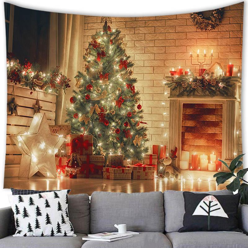Merry Christmas Christmas Tree Fireplace Printed Pattern Tapestry Home Living Room Bedroom Background Wall Decoration Tapestry