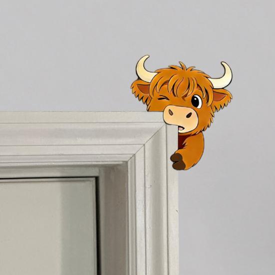 Cute Highland Cow Door Topper Small Wooden Door Frame Corner Sign Cartoon Cattle Computer Monitor Decor for Living Room Bedroom Office