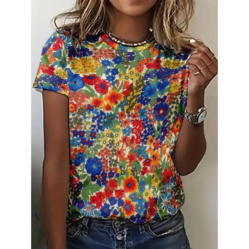 Женская футболка с цветочным принтом и 3D-узором, новинка лета 2025 года, повседневные футболки в уличном стиле, женская футболка с коротким рукавом в стиле Харадзюку