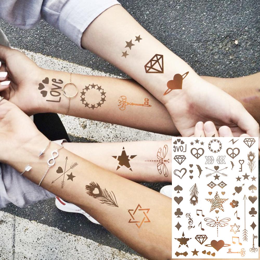 9 Sheets Flash Temporary Tattoos Metallic For Women Girl Golden Lion Sun Moon Star Butterfly Glitter Tattoo Sticker Fake Tatoos