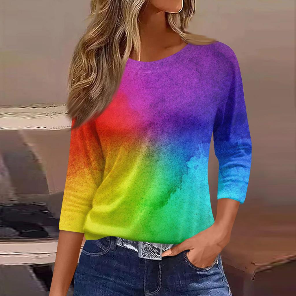 Женская Модная Повседневная Круглый Вырез 3/4 Рукава Свободная С Принтом Футболка Женский Топ