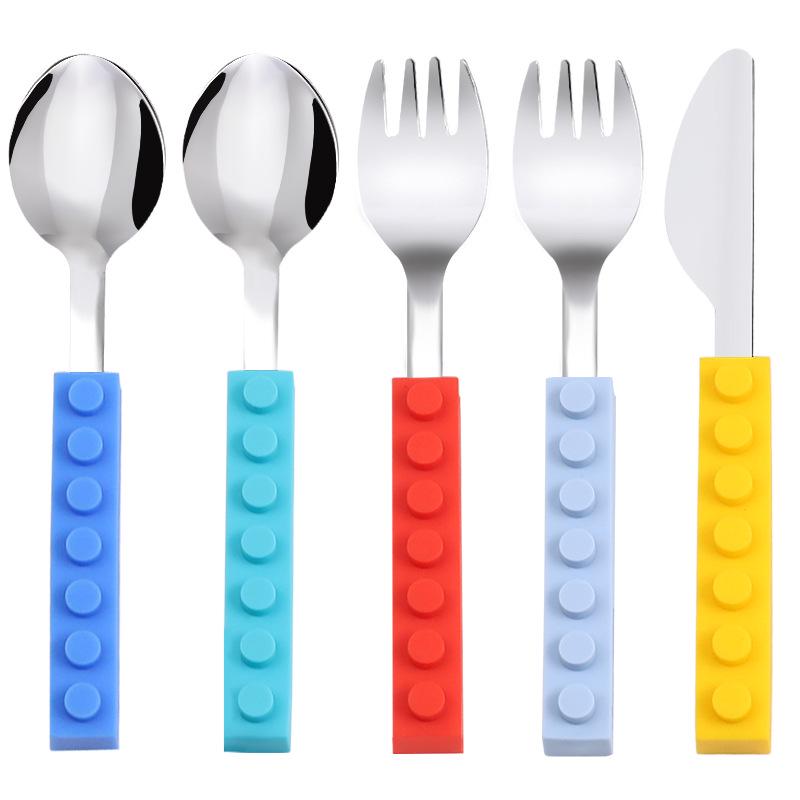 Stainless Steel Children's Tableware Set: Silicone Spoon, Baby Block Knife, Fork & Spoon (3-Piece)