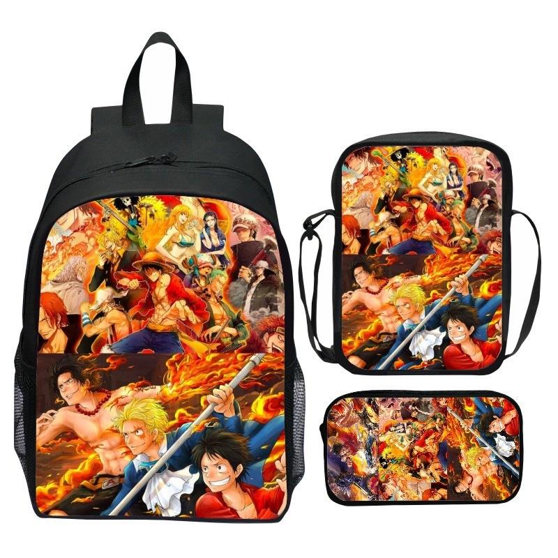 One Piece Printed 3-Piece Backpack Set Cartoon Pirate Navy Elementary School Bag Large Capacity Water-Resistant Kids Backpack
