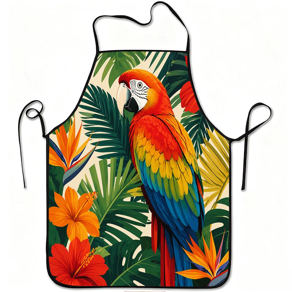 1pc Tropical Parrot And Hibiscus Print Apron, Durable And Easy to Clean, Adjustable Waistband, Polyester Material, for Kitchen Cooking, Gardening, Orc