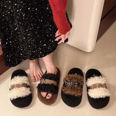 Пушистые шлепанцы на толстой подошве для женской уличной обуви, бархатные теплые и модные с ремешком на одной пряжке, новая хлопковая модель осень-зима 2025