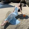 Spice Girl Pure Desire Three-dimensional Flower Blue Neck Dress Seaside Vacation Sexy Mesh Fishtail Dress
