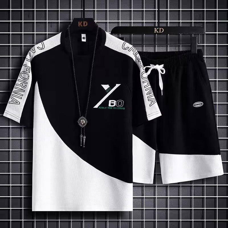 Летний мужской спортивный комплект из двух предметов, повседневная футболка и мужской спортивный костюм с цветными блоками, модный спортивный костюм с коротким рукавом