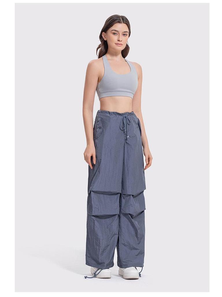 Women's Y2K Wide-Leg Cargo Pants with Drawstring - Slimming American Parachute Design for Casual Sport.