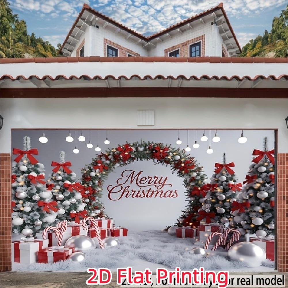 Red and silver color Christmas happy background fabric, featuring patterns of Christmas trees, garlands and gift boxes