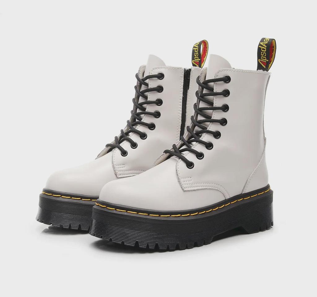 European & American 8-Hole Thick-Soled Motorcycle Boots, Women's British Style, Side Zipper, Platform Lace-Up Ankle Work Boots.