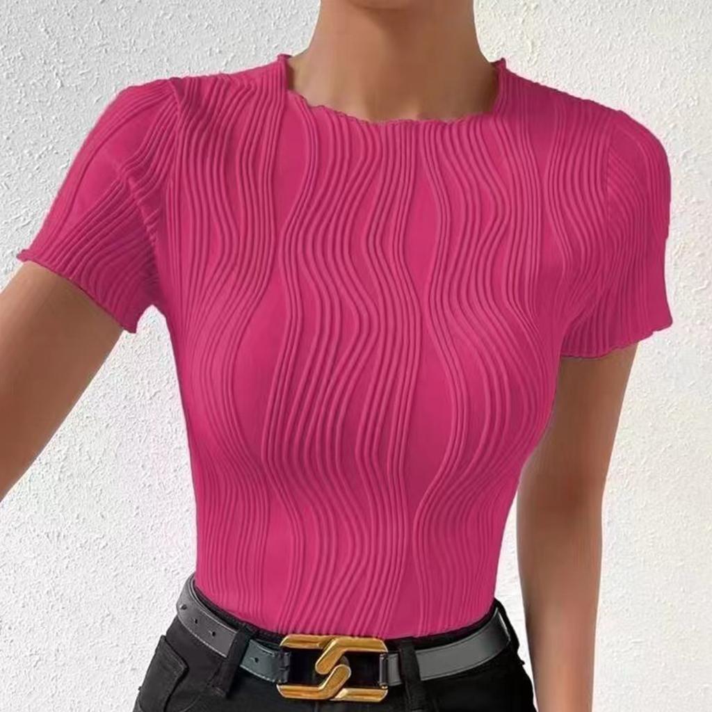 Women's Solid Color Round Neck Slim Short Sleeve T-shirt Top