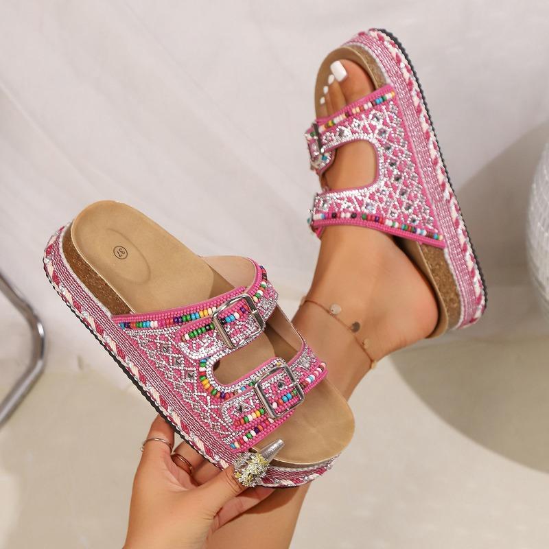 Summer New Thick-soled Hemp Rope Double-buckle Rhinestone Cork Beach Slippers Large Size Colored Women's Shoes