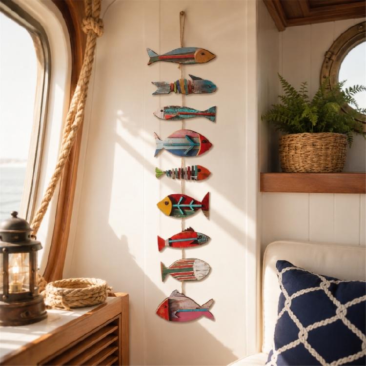 Multicolor Distressed Fish Wall Sculpture Decors, Painted Wooden Beach Coastal Hanging Sign for Bathroom Bedroom Living Room Entryway