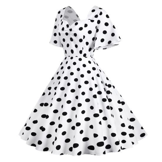 Women Evening Dress Retro Color Matching Dot Print A-line V Neck Big Swing Short Ruffle Sleeves Tight High Waist Back Zipper Party Prom Midi Dress