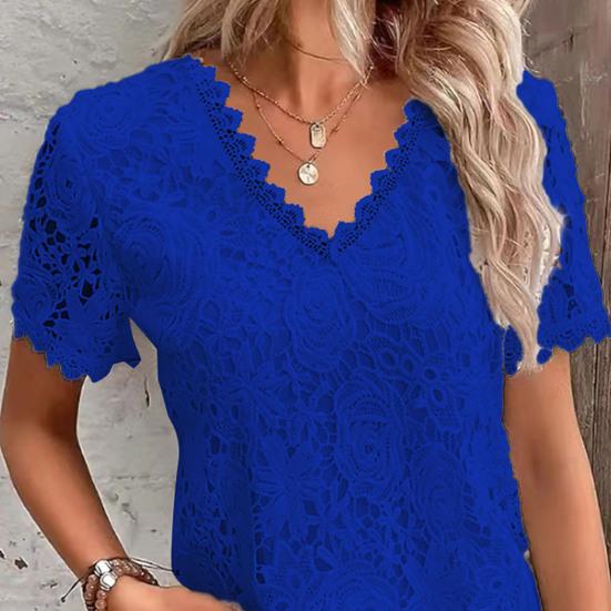 Women T-shirt V-neck Short Sleeve Casual Tee Shirt Hollow Embroidery Lace Pullover Tops Streetwear