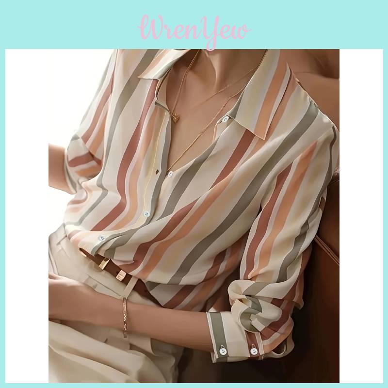 Womens Striped Long Sleeve Shirt With Spliced Fabric For Elegant Office Wear