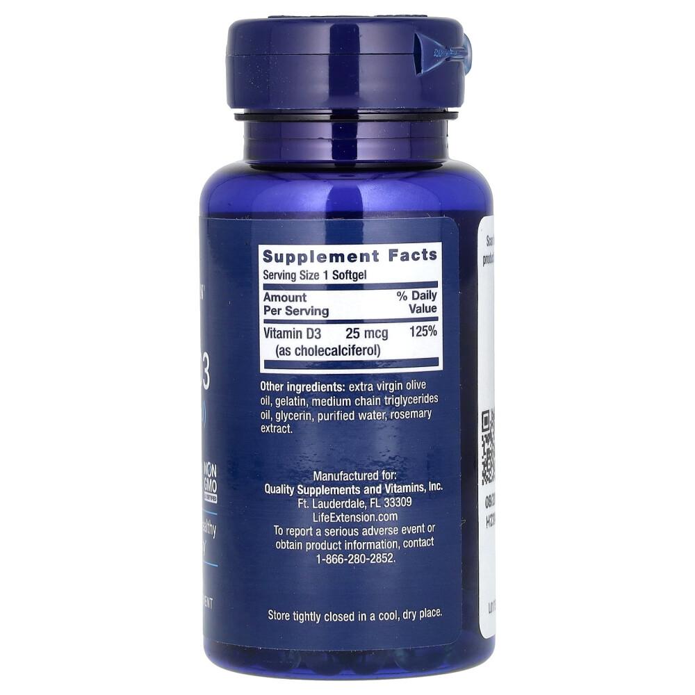 Life Extension Vitamin D3 25mcg (1000IU) Softgels 250 Count, 2 Pack
