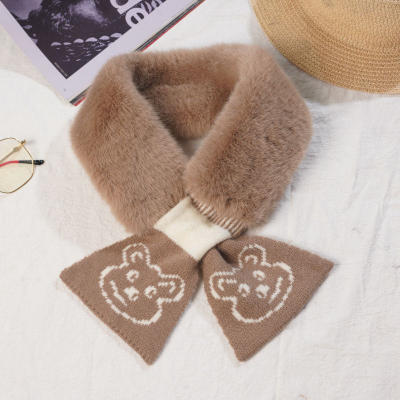 New Bear Scarf Women's Korean Style Winter Warm Wool Imitation Rabbit Hair Solid Color Versatile Plush Scarf