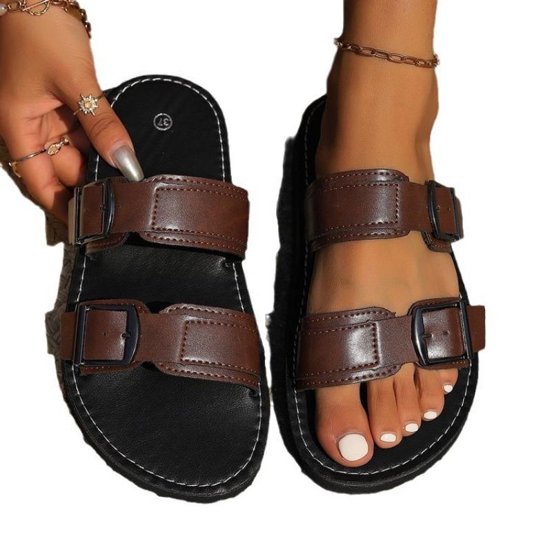 Женская обувь 2024 года, британский стиль, новые женские тапочки, летние тапочки на плоской подошве, женские повседневные пляжные тапочки с римской пряжкой, женские тапочки