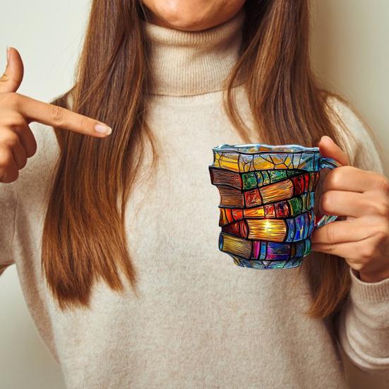 Painted Book Mug with Spoon Creative 3D Stack Book Coffee Cup Retro Novel Style Cup Collection Gifts for Literature Lovers