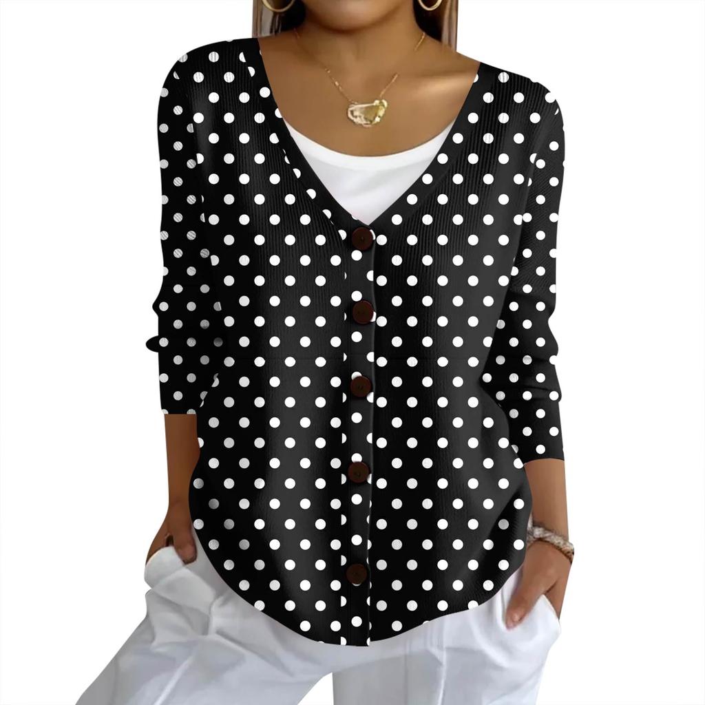 Women's Fashion Casual Knit Sweater Button-Up Floral Print Cardigan Jacket
