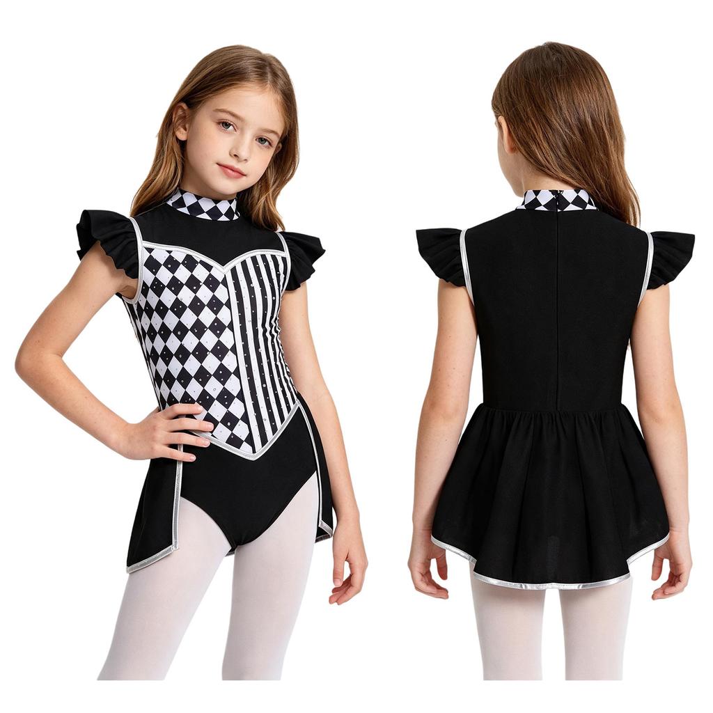 Girls Halloween Clown Performance Bodysuit Ruffled Sleeves Mock Neck Back Invisible Zipper Rhombus Patchwork for Circus Masquerade Cosplay