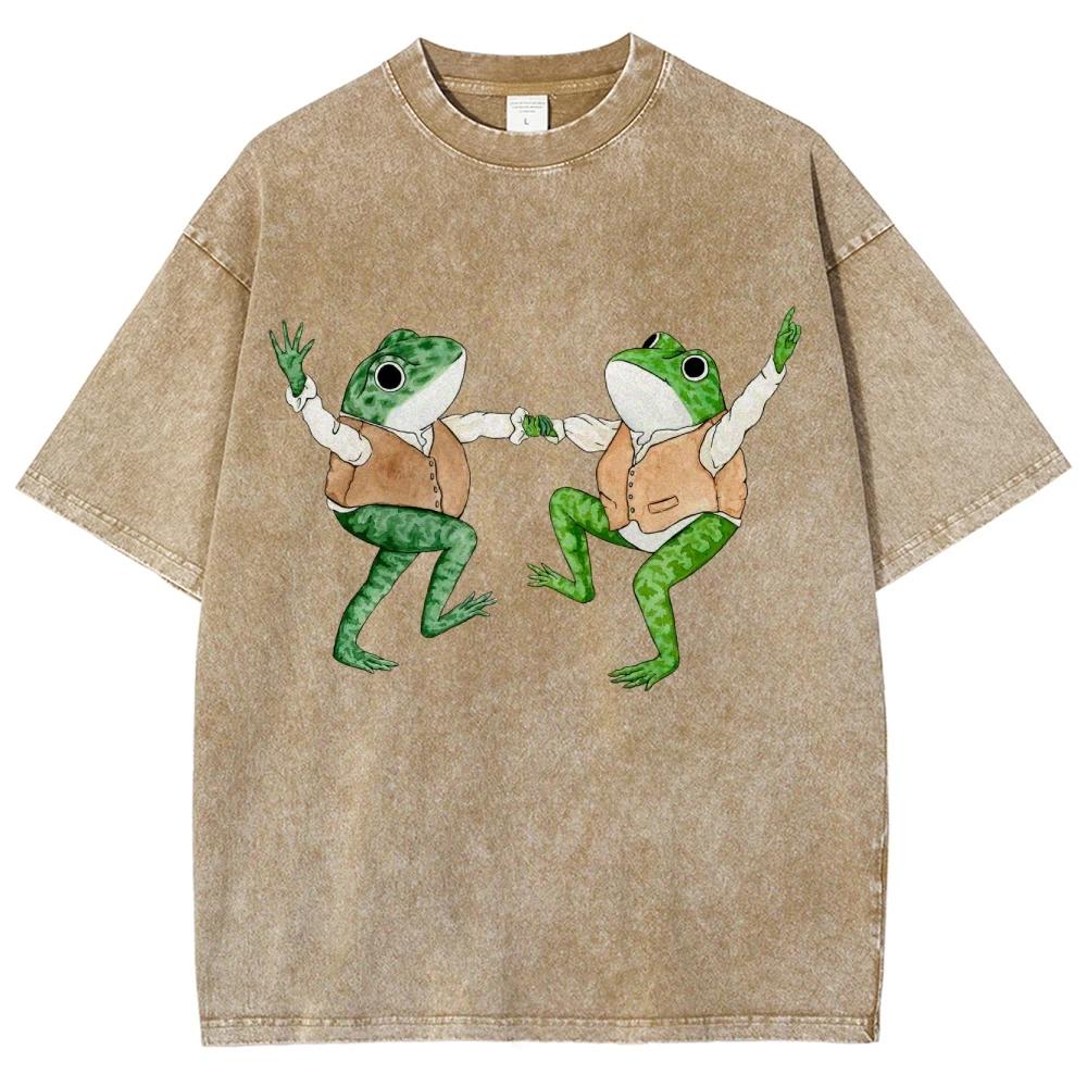 Women Tops Clothes Oversized Short Sleeves Two Dancing Frogs Print Overseas Export High Quality Shirt For Men Discount