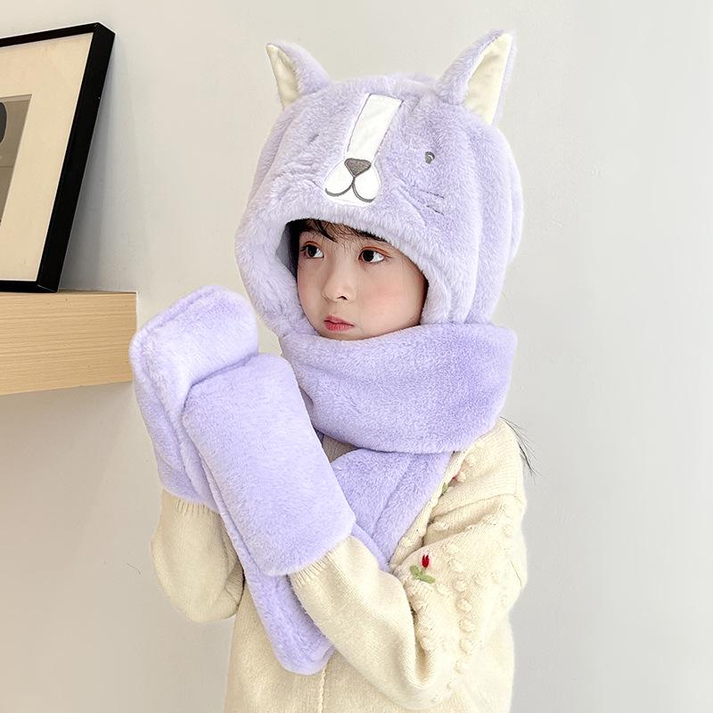 Children's Plush Winter Hat Set: Three-Piece Scarf, Gloves, and Ear-Protecting Cap
