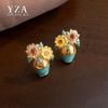 Серьги-гвоздики "Подсолнух" с цирконами ручной работы - Ретро Легкая роскошь