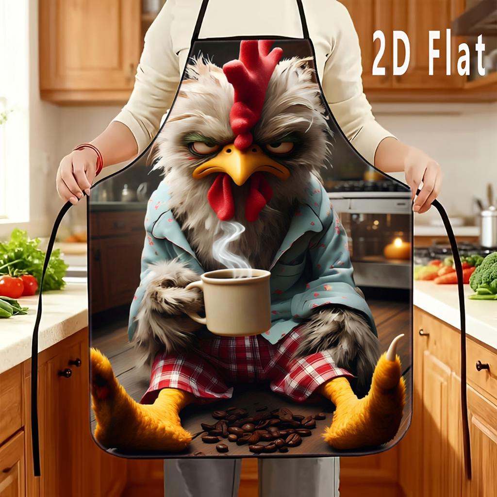 1pc 2D Flat Angry Rooster "Coffee Time" Printed Pattern Apron Durable And Easy To Clean Adjustable Waistband Available In Two Si