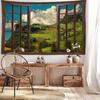 Окно Хижина на вершине холма Пейзажный гобелен Настенный природный пейзаж Гостиная Спальня Эстетический декор комнаты Фоновая ткань