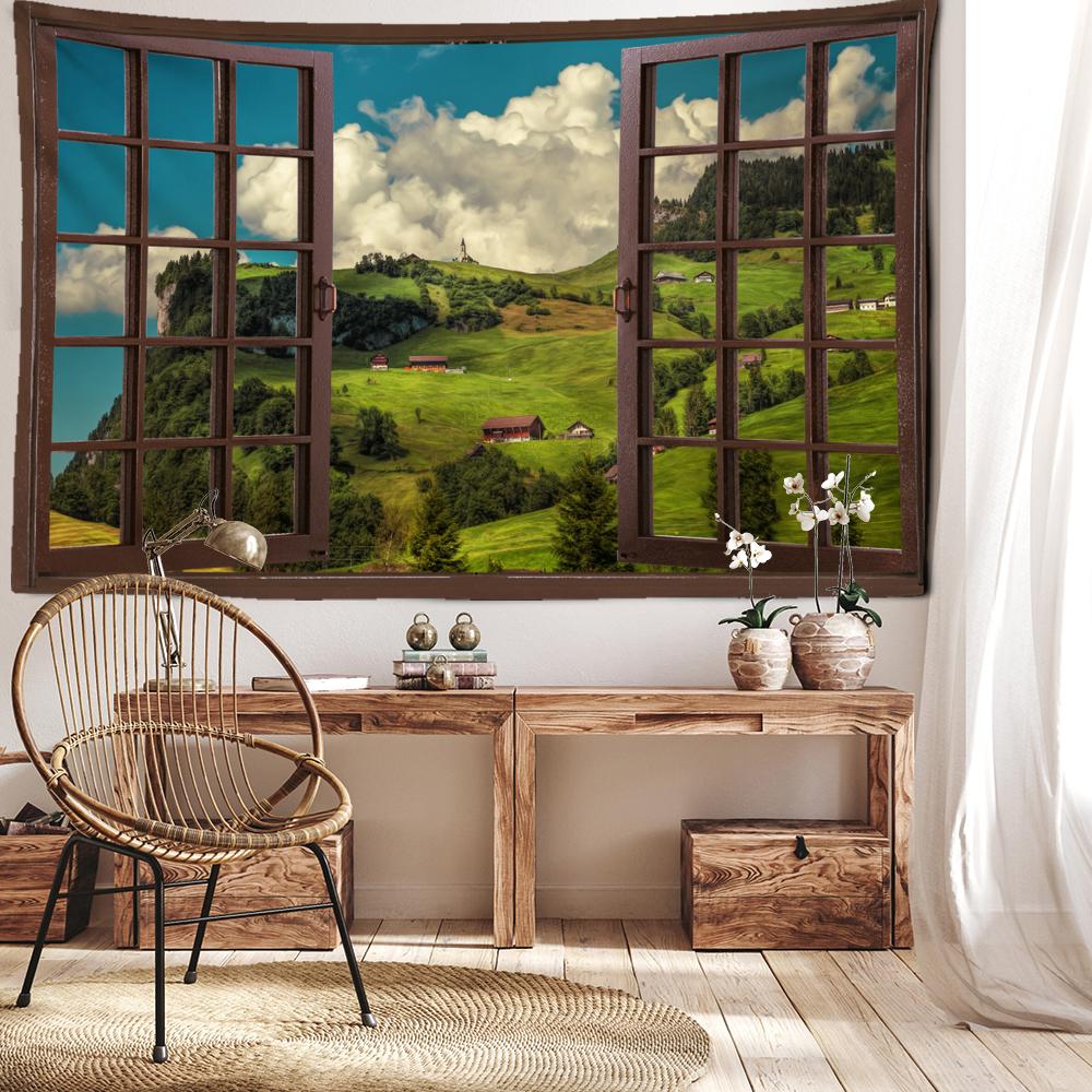 Окно Хижина на вершине холма Пейзажный гобелен Настенный природный пейзаж Гостиная Спальня Эстетический декор комнаты Фоновая ткань