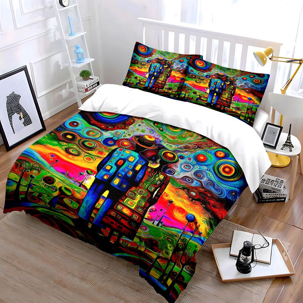 Colorful Abstract Couple Landscape Decor Bedding Set with 1 Duvet Cover 2 Pillowcases Single Double King Queen, Gift